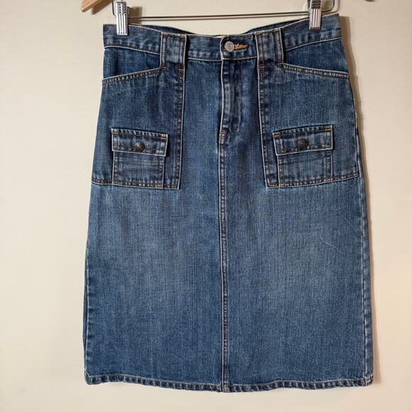 Genuine Y2K Gap Denim Midi Skirt Flap Pockets SZ 4 Med Wash Stretch - Picture 1 of 9